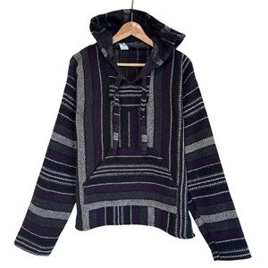 Unisex Large Mexican Poncho Style Baja Hoodie Stripped Fleece Purple Black Grey